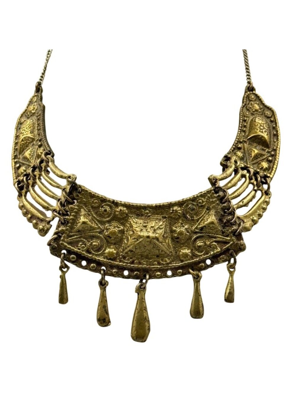 Egyptian Revival Brass Statement Necklace Collar Chandelier Modernist Vintage
